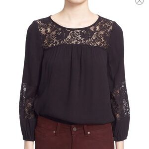 Joie coastal lace inset crepe top black